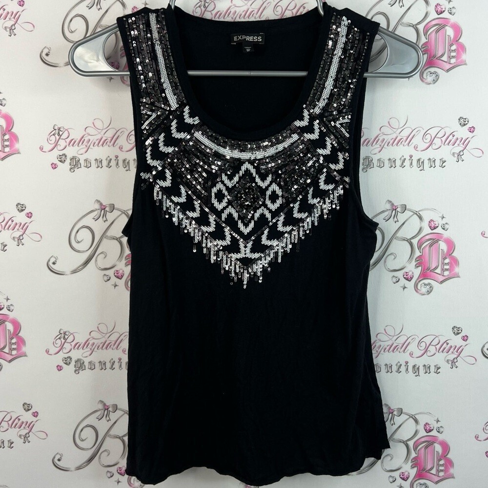 Express tank top embroidered sequins shiny Black and Silver Embellished Tank Top